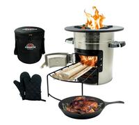 AREBOS Rocket Stove incl. Cast Iron Grill Pan with Carrying Bag & Gloves |Dutch Oven BBQ | Portable Camping Cooker Wood Stove | Outdoor Kitchen|Silver