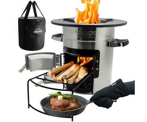 Arebos Rocket Stove with Cast Iron Grill Pan, Carry Bag & Gloves | Dutch Oven BBQ | Portable Camping Stove Wood Oven | Outdoor Kitchen | Rocket Stove | Silver Camping Barbecue