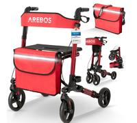 Arebos Lightweight Rollator | Flight and Travel Scooter Aluminium | 6 Height Adjustable | Comfortable Seat | Stick Holder | Removable Shopping Bag | Foldable | Ready to Use (Red)