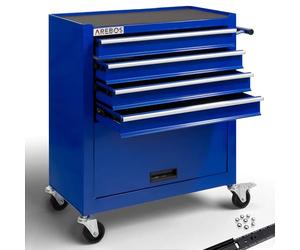 Arebos Tool cabinet cart workshop trolley on wheels portable | Blue | 4 drawers + 1 compartment for tools | in nti-slip mats | drawers with ball bearings