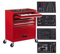 AREBOS workshop trolley | 4 drawers incl. 81pcs. tools + large compartment | in nti-slip mats | drawers with ball bearings | transport lock | red