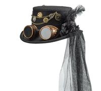 Arecobticy Elegant Dark Flower Mesh Veil Tall Hat With Metal Gear And Goggles For Theme Parties Photography Victorian Event Wear Masquerade Party Headwear For Women Men Unisex