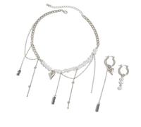 Arecobticy Layer Heart Pendant Earrings And Necklace And Pearls Choker Earrings Jewelry Women Girls Love Heart Pendant Necklace