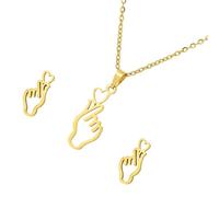 Arecobticy Trendy Hand Heart Gesture Shape Stainless Steel Pendant Necklace And Studs Earrings Suitable For Individualistic Women Women Trendy Love Symbol Jewelry Set