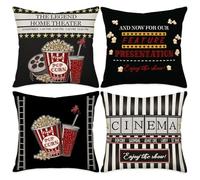 Aremetop Movie Theater Throw Pillow Covers Vintage Cinema Ticket with Popcorn Cola,Filmstrip Printed Home Decorative Pillowcase Cotton Linen Sofa Couch Throw Pillow Cushion Cover 18 X 18 Inch,Set of 4