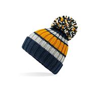 Aremie Beanie Hats for Men & Women, Bobble Pom Pom Winter Hats, Rib Knitted Bobble Hat, Warm Lined Wooly Beanies Cap, Mustard Ochre Yellow Light Grey Navy Blue Striped
