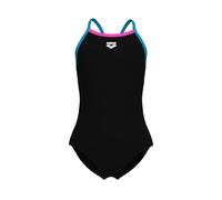 Arena Feel Girls Junior Solid Light Drop Back Swimsuit Thin Straps Chlorine Resistant Quick Dry Comfortable One-Piece Swimsuit, Black/EyeBlush Blue/Offensive Pink, USA Size 14-16Jr/30