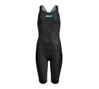 ARENA Girl's Powerskin Impulso Kneeskin Swim Racing Suit Open Back Short Leg One Piece Swimsuit, Black and Teal Green, 26