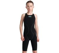 ARENA Girl's Powerskin Impulso Kneeskin Swim Racing Suit Open Back Short Leg One Piece Swimsuit, Black and Teal Green, 26