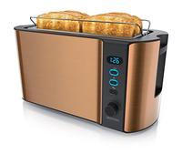 Arendo Frukost 4 Slice Toaster, Slim Stainless Steel Long Slot Toaster with 2 Extra Wide Slots, Warming Rack, Countdown Display, Defrost and Reheat Function, 6 Browning Settings, 1500 W, Copper