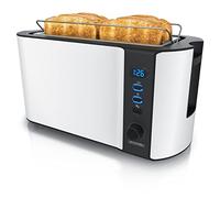 Arendo Frukost 4 Slice Toaster, Slim Stainless Steel Long Slot Toaster with 2 Extra Wide Slots, Warming Rack, Countdown Display, Defrost and Reheat Function, 6 Browning Settings, 1500 W, White