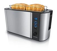 Arendo Frukost 4 Slice Toaster, Slim Stainless Steel Long Slot Toaster with 2 Extra Wide Slots, Warming Rack, Countdown Display, Defrost and Reheat Function, 6 Browning Settings, 1500 W, Silver