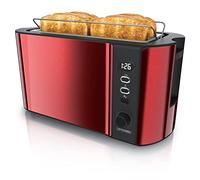 Arendo Frukost 4 Slice Toaster, Slim Stainless Steel Long Slot Toaster with 2 Extra Wide Slots, Warming Rack, Countdown Display, Defrost and Reheat Function, 6 Browning Settings, 1500 W, Red