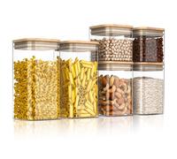 Arendo - Glass Food Storage Containers with Lids, Glass Jars with Bamboo Lids, Clear Food Storage Jar Square Glass Canister Set of 6, Pantry Organizers and Storage for Pasta Flour Rice Tea Coffee Bean