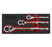 ARES 42048-3-Piece 90 Tooth Ratchet Set - Premium Chrome Vanadium Steel Construction & Mirror Polish Finish - Quick Release for Easy Socket Change - 90-Tooth Reversible Design with 4 Degree Swing