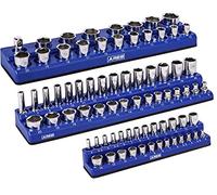 ARES 60036 3-Piece Set Metric Magnetic Socket Organiser - Blue - Includes 1/4 in, 3/8 in, 1/2 in Socket Holders - 75 Pieces of Standard (Shallow) and Deep Sockets - Keeps Your Tool Box Organised