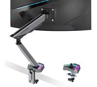 ARES WING RGB Single Monitor Arm Desk Mount for 17-45 inches Flat and Curved Monitors, Holds 35.2 lbs Heavy Duty, Adjustable Ultrawide Monitor Arm with Clamp & Grommet Base, 75/100 VESA Mount, Gray