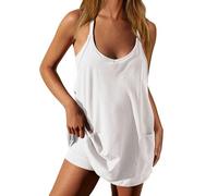 Aresemble Women's Summer Sleeveless mini Dress, Casual U-Neck Paneled Spaghetti Strap Sports Dress, Camisole top and Jumpsuit Set (with Pockets) (White,XL)