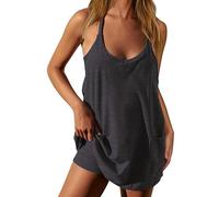 Aresemble Women's Summer Sleeveless mini Dress, Casual U-Neck Paneled Spaghetti Strap Sports Dress, Camisole top and Jumpsuit Set (with Pockets) (Dark Gray,5XL)