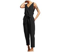 Arestory Women's Cotton Linen Jumpsuit UK Clearance Ladies Lace Up Rompers with Pockets Casual Playsuit V-neck Bodysuit Summer Workwear Wide Leg Pants Sleeveless All In One Bodycon Drawstring Catsuit