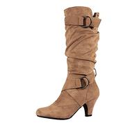 Arestory Women's Middle Heel Boots UK Sale Clearance Ladies Belt Buckle Shoes Round Suede Winter Boot Strappy Roman Shoe Comfortable Wedge Footwear Elegant Warm Boots