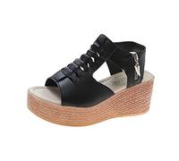 Arestory Women's Platform Sandals UK - Ladies Breathable H-strap Sandal Wedge Heel Shoes Block Strappy Square Open Toe Clog with Ankle Buckle Summer Getaway Platform Gladiator Footwear