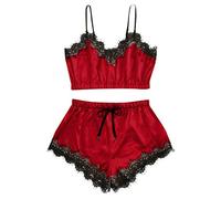 Arestory Women's Sexy Lingerie Basic Plain Lingerie Set Sleepwear V-Neck Lace Slim Camisole Shorts Pajama Sets 2020 New Ladies V-Neck Satin Cami Top Underwear Set Nightwear Pyjama Set Red