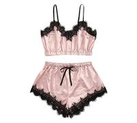 Arestory Women's Sexy Lingerie Basic Plain Lingerie Set Sleepwear V-Neck Lace Slim Camisole Shorts Pajama Sets 2020 New Ladies V-Neck Satin Cami Top Underwear Set Nightwear Pyjama Set Pink