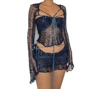 ARESU European and American clothing 2023 new sequined knitted sweater three-piece suit-dark blue-S