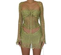 ARESU European and American clothing 2023 new sequined knitted sweater three-piece suit-green-M