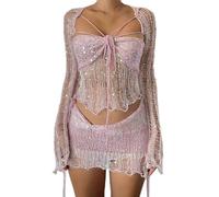 ARESU European and American clothing 2023 new sequined knitted sweater three-piece suit-pink-M