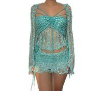ARESU European and American clothing 2023 new sequined knitted sweater three-piece suit-Tianlan-M
