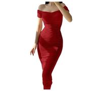 ARESU Ladies Short Sleeve Slash Neck Ruched Dress for Women Sexy Off Shoulder Backless Bodycon Long Dress Club Wear-Red-M