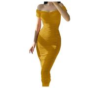 ARESU Ladies Short Sleeve Slash Neck Ruched Dress for Women Sexy Off Shoulder Backless Bodycon Long Dress Club Wear-Yellow-S