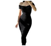 ARESU Ladies Short Sleeve Slash Neck Ruched Dress for Women Sexy Off Shoulder Backless Bodycon Long Dress Club Wear-Black-XL