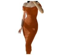 ARESU Ladies Short Sleeve Slash Neck Ruched Dress for Women Sexy Off Shoulder Backless Bodycon Long Dress Club Wear-Orange-M