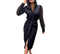 ARESU New Lace Long Sleeve Wrapped Dresses Women Spring Lace-up Bodycon Pencil Dress Fashion Ladies Slim Work Office Dress Vestidos-Black-L