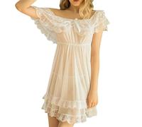 ARESU Sexy Lingerie Home Nightdress Women's Short Sleeve Lace Satin Vintage Summer Nightdress Pajamas Nightwear Sleepwear Lingerie-White-XL