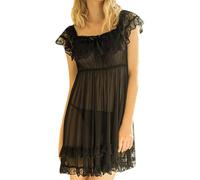 ARESU Sexy Lingerie Home Nightdress Women's Short Sleeve Lace Satin Vintage Summer Nightdress Pajamas Nightwear Sleepwear Lingerie-Black-XXXXXXL