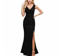 ARESU Sexy Sleeveless Evening Cocktail Dress for Women Solid Color Side Split Party Long Dress Formal Occasion-Black-M