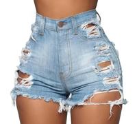 ARESU Vintage Denim Women's Shorts Hot Holes Ripped High Waist Jeans Denim Shorts Pants Solid Casual Stretch Skinny Slim Shorts -Sky Blue-S