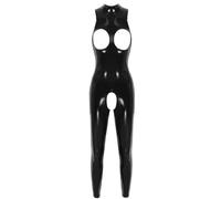 ARESU Women's Open Cup Jumpsuit Glossy Patent Leather Crotchless Jumpsuit Wet Pattern Latex Sleeveless Bodysuit Club Wear-Black-5XL