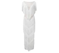 ARESU Womens Sexy Deep V Neck Feather Tassel Dress Summer Sleeveless Elegant Fringed Party Long Dress-White-XL