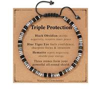 Aretas Mens Bracelet Gifts Hematite Obsidian Blue Tigers Eye Beaded Healing Crystal Gemstone Triple Protection Men's Jewelry Anniversary Presents For Him Boyfriend Dad Son Husband Boy Friends