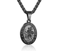 Aretas Saint Christopher Medal Necklace for Men Teen Boys, Black St Christopher Pendant Chain Catholic Religious Jewelry First Communion Confirmation Baptism Gifts Teenage Him Age
