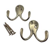 Aretro Polished Brass Gold Effect Two Pronged Coat Hooks Double Prong Wall Mounted Decorative Clothes Hat Hooks Robe Hooks Screw in Door Hooks for Kitchen Bedroom Wall Bathroom Hanging with Screws