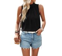 Arevill Sleeveless Blouse Stand-Up Collar Vest Pleated Elegant Tops Plain Chiffon Casual Tunic Tops, black, M