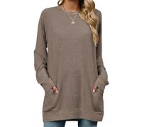 Arevill Womens Tunic Casual Solid Color/Striped Sweatshirt Oversized Long Crewneck Tshirt with Pockets Brown
