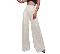 ARGELAN Womens Trousers Elasticated Waist Wide Leg High Waisted Flared Trousers Sequins Sparkly Trendy Solid Color Pull Elegant Up Pants Casual Holiday Out Night Party Ladies Pant White