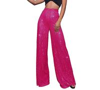 ARGELAN Womens Trousers Elasticated Waist Wide Leg High Waisted Flared Trousers Sequins Sparkly Trendy Solid Color Pull Elegant Up Pants Casual Holiday Out Night Party Ladies Pant Hot Pink
